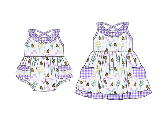 Baby Girl Butterfly Flower Pockets Purple Sibling Romper Dress ( Moq 5 Each Style ) 3.11