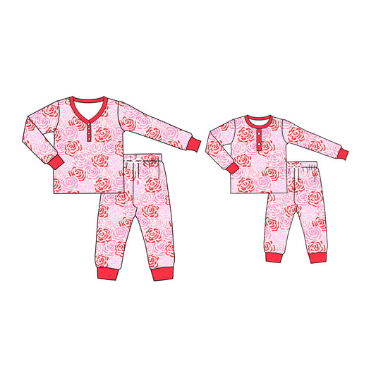Baby Kids Toddler Toddler Adult Long Sleeves Flower Pink Pants Sibling Family Pajamas Set ( Moq 5 Each Style ) 12.2