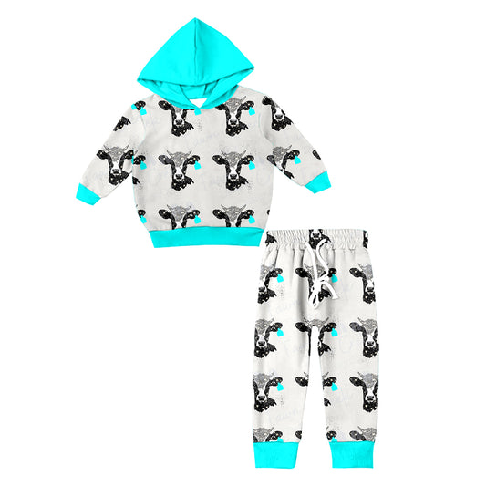 Baby Boy Long Sleeves Blue Hoodie Shirt Pants Western Cow Set