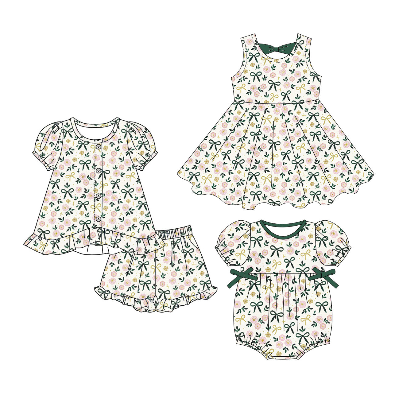 ( Moq 5 Each Style ) Baby Girls Kids Floral Bows Sibling Romper Dress Set Clothes