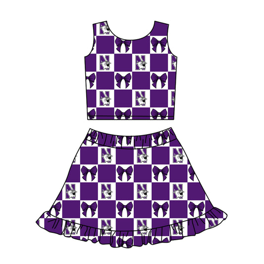 ( Moq 5 ) Baby Girls Kids Toddler Cats Bows Purple Plaid Tops Shorts Ruffle Skirt Team Set