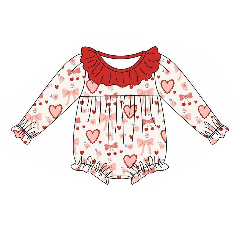 Baby Girl Infant Long Sleeves Valentine Hearts Bows Bubble Romper