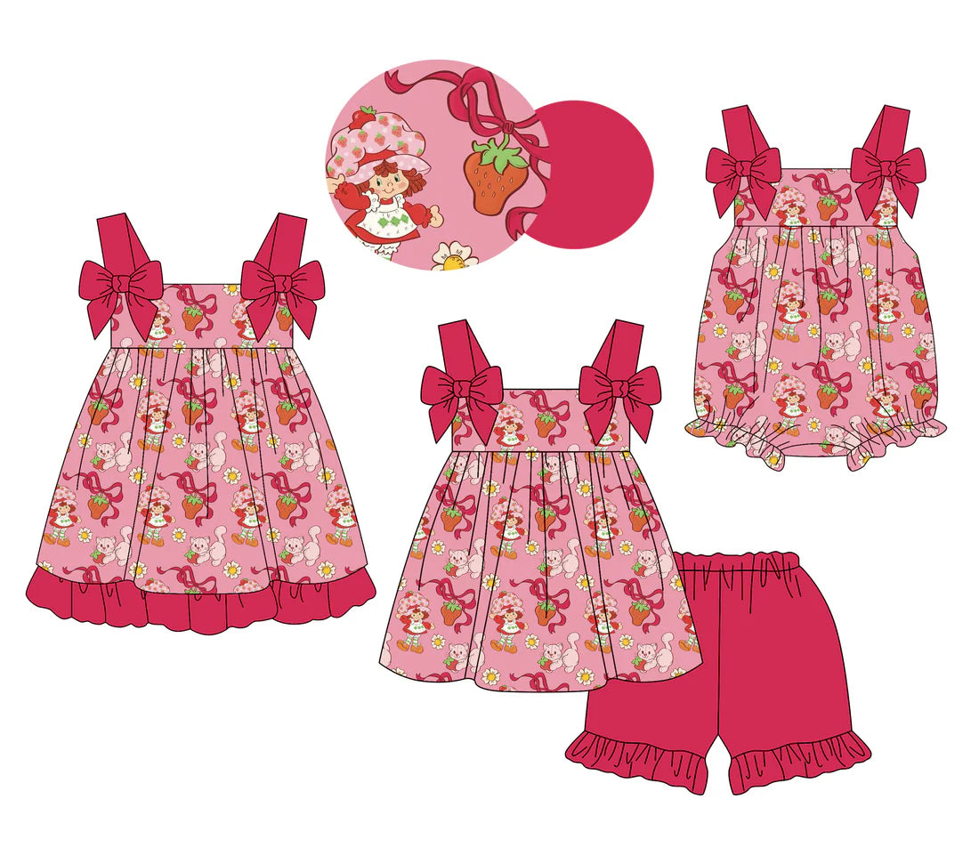 ( Moq 5 Each Style ) Baby Girl Toddler Strawberry Bows Flower Sibling Red Romper Dress Set
