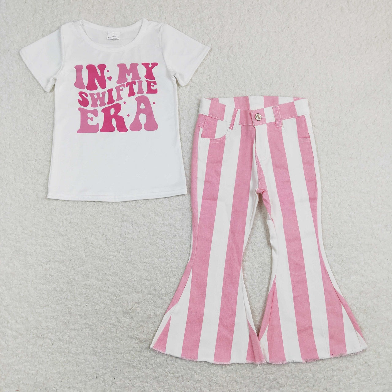 Baby Girl Short Sleeves Shirt Pink Stripes Denim Bell Bottoms Pants Singer Set