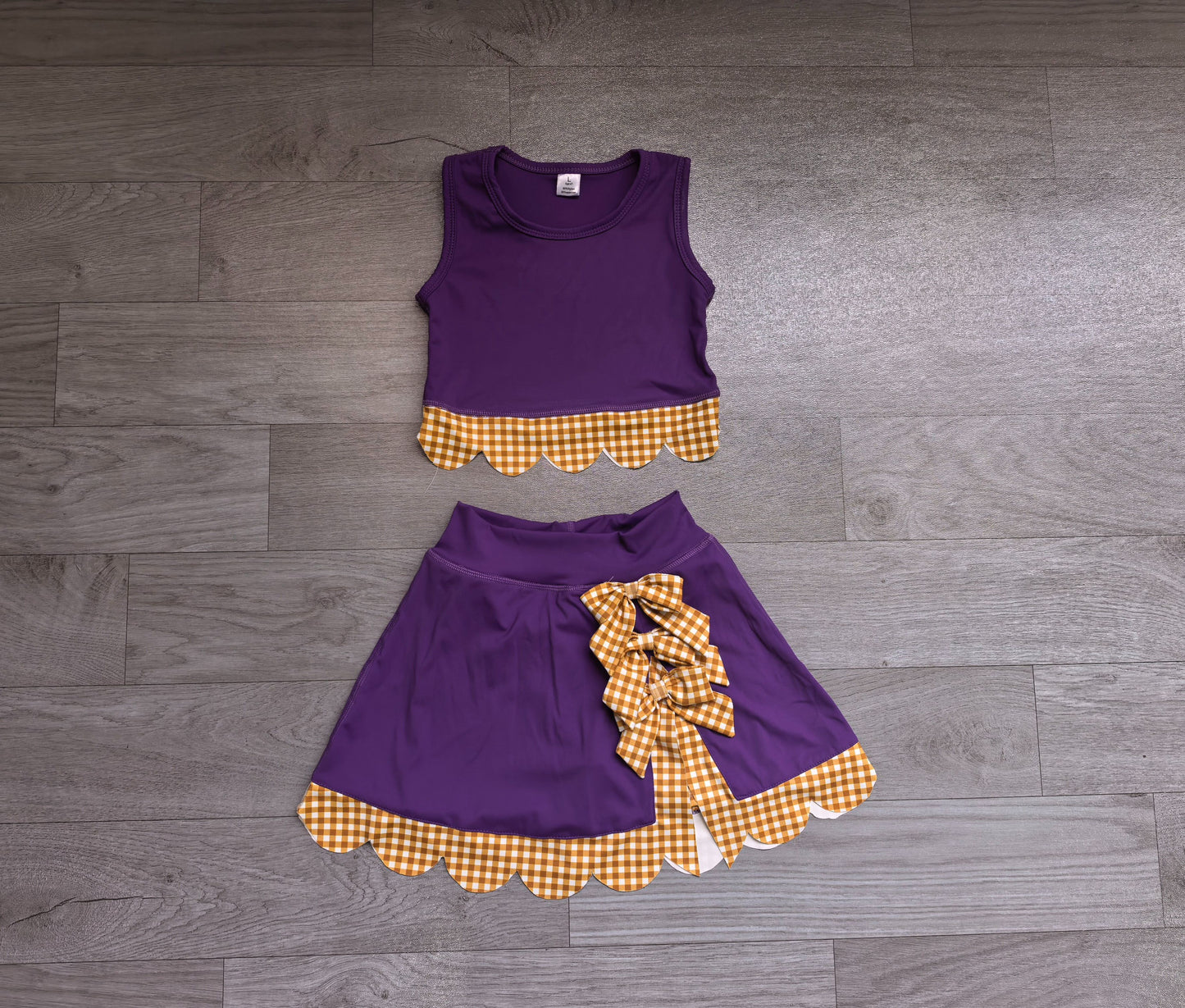 ( No moq ) Preorder Baby Girls Kids Purple Vest Plaid Bows Scallop Bows Skirt Shorts Yoga Active Set Clothes