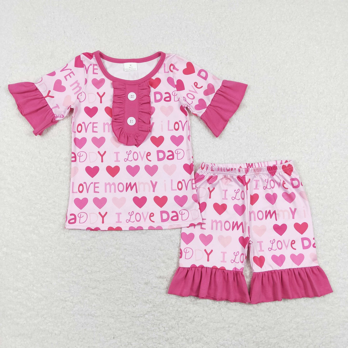 GSSO0445 Baby Girl Love Mommy Daddy Short Sleeves Hearts Shirt Shorts Pajamas Set