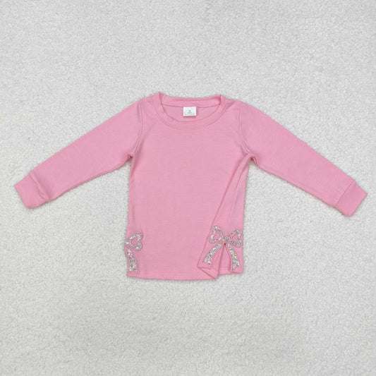 Baby Girl Long Sleeves Embroidery Flower Bow Pink Cotton Shirt Tops