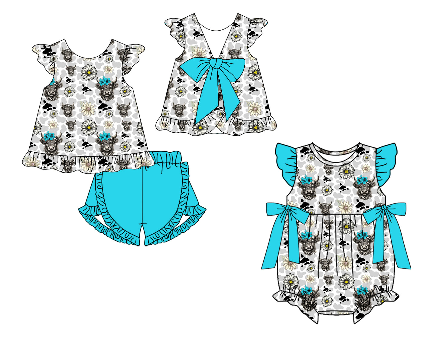 ( Moq 5 Each Style ) Baby Girls Kids Toddler Cows Flower Sibling Western Romper Set