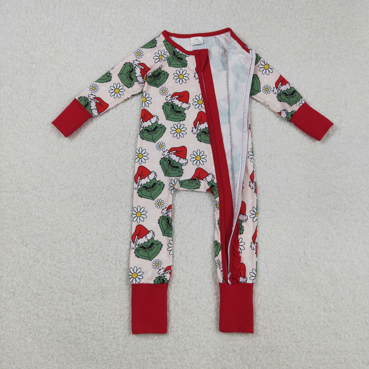 Baby Girl Long Sleeves Green Face Flower Christmas Red Zipper Romper RTS
