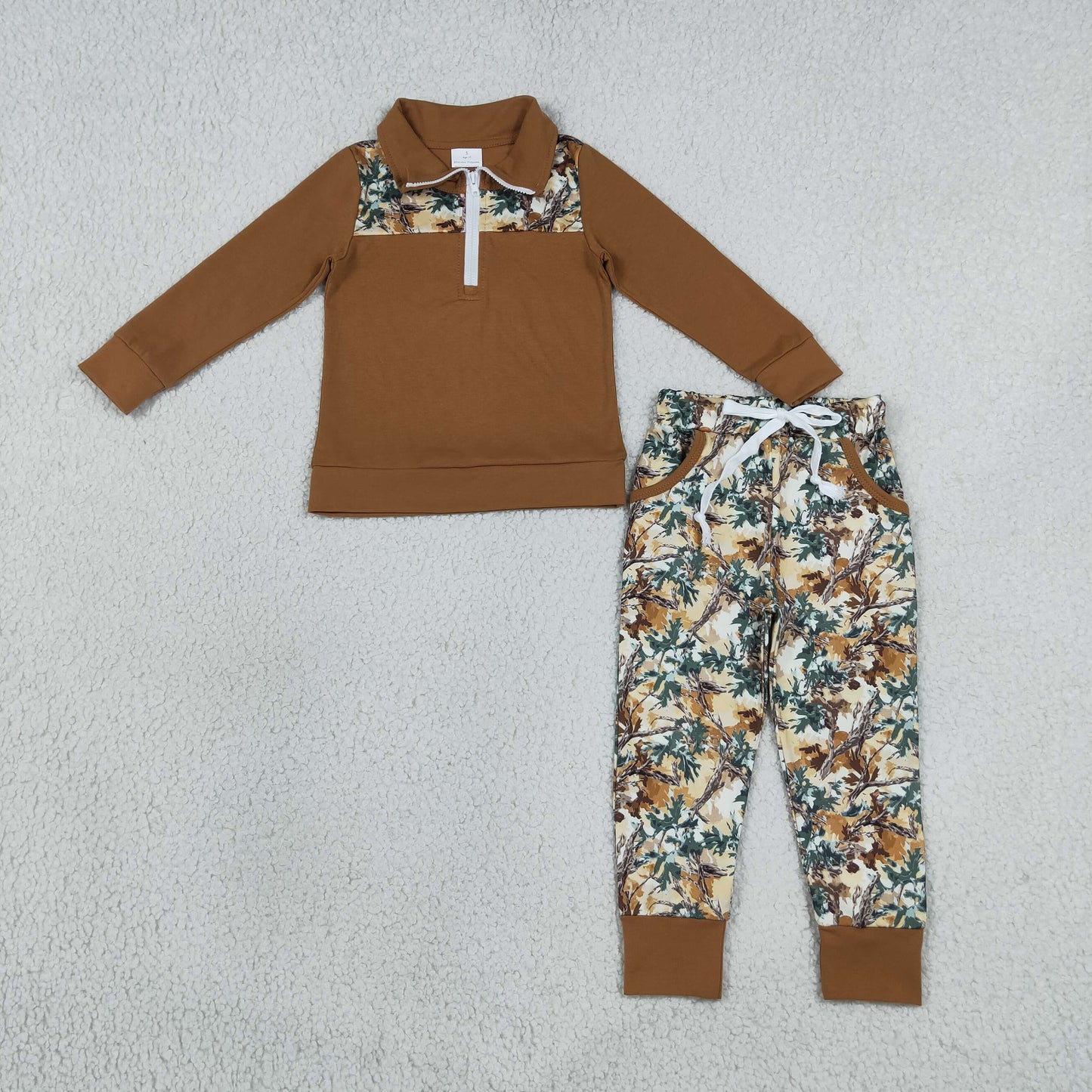 Baby Boys Kids Long Sleeve Zipper Pullover Leaves Pockets Jogger Camo Set Clothes RTS