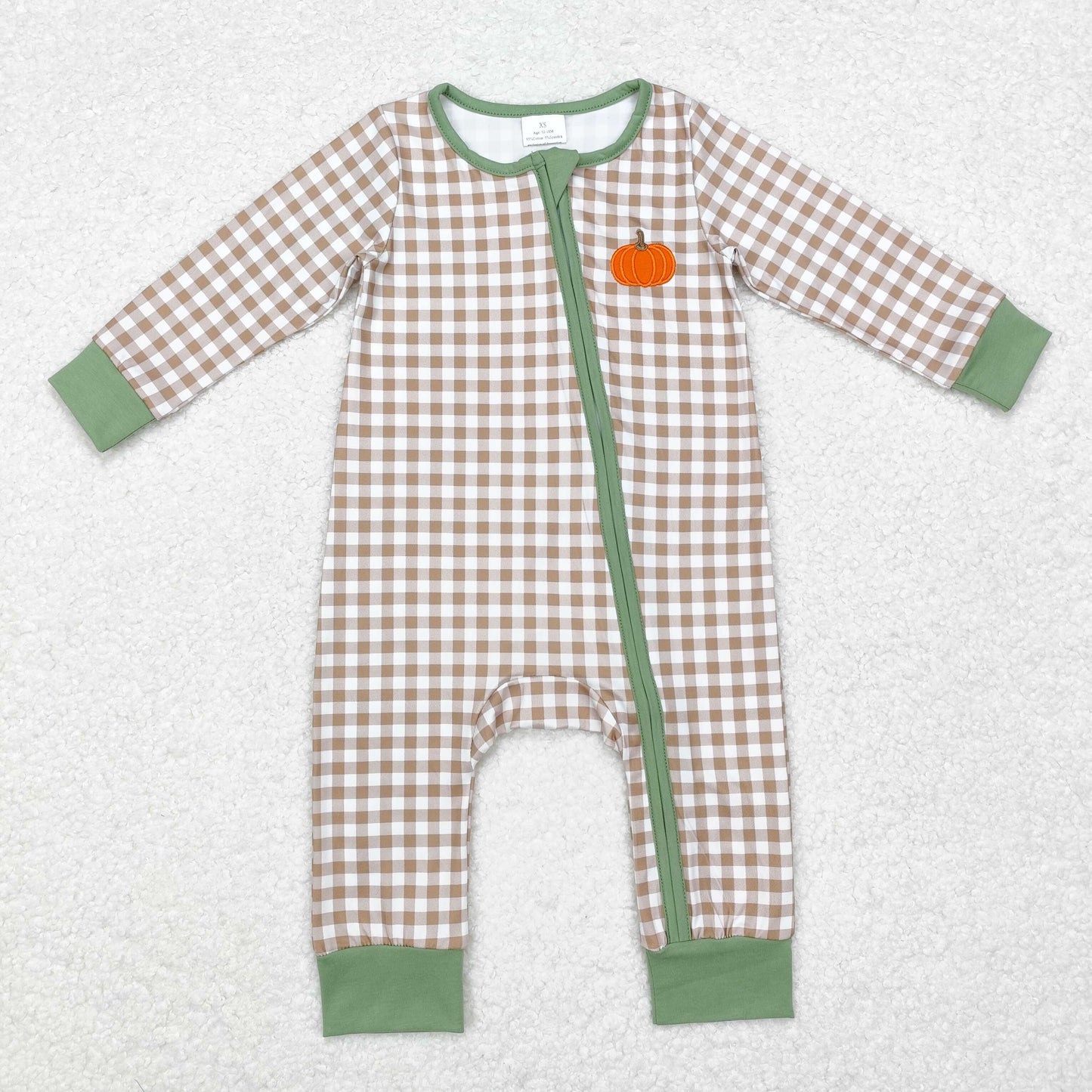 Baby Boy Long Sleeves Embroidery Pumpkin Zipper Plaid Romper