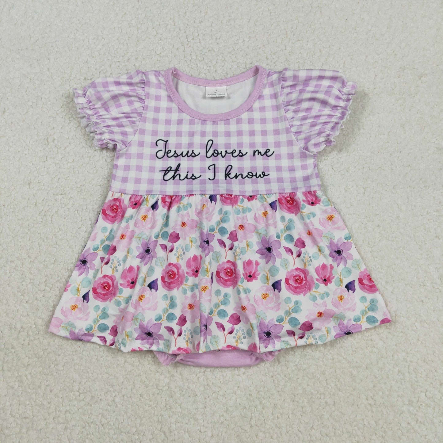 Baby Girls Short Sleeves Purple Plaid Flower Jesus Love Me Romper RTS