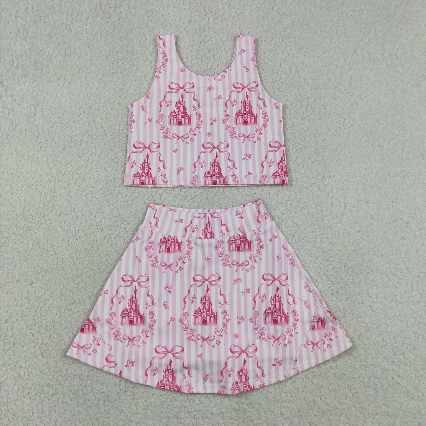 Baby Girls Kids Castles Bows Floral Tops Pink Skirt Shorts Yoga Summer Set RTS