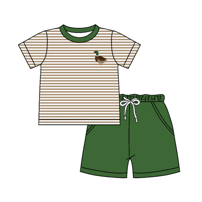 Baby Boy Short Sleeves Duck Stripes Shirt Pockets Green Shorts Clothes Set Moq 5
