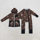 Sibling Kids Boy Long Sleeves Western Cow Aztec Zipper Footie Romper Pockets Hoodie Shirt RTS