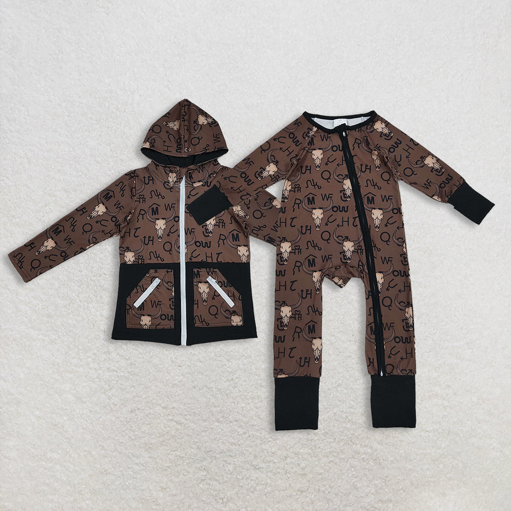 Sibling Kids Boy Long Sleeves Western Cow Aztec Zipper Footie Romper Pockets Hoodie Shirt RTS