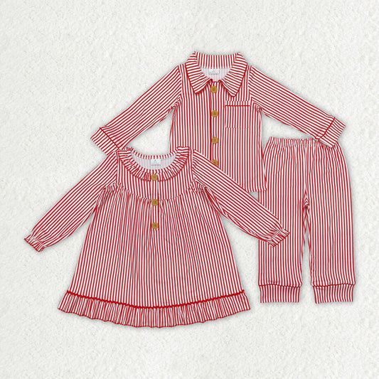 Baby Boy Girl Long Sleeves Red Stripes Buttons Sibling Dress Pajamas Set RTS