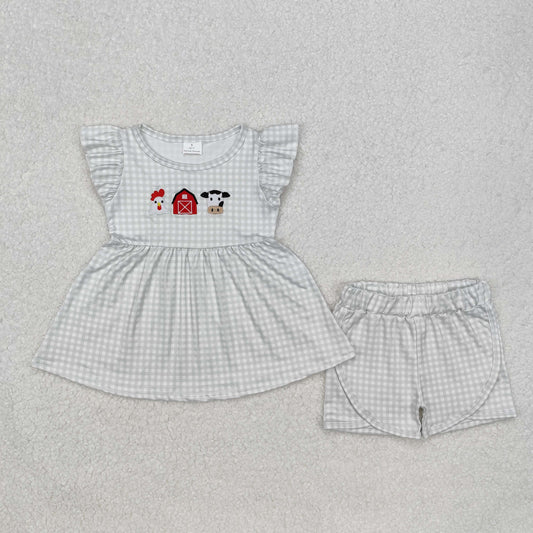 Baby Girl Short Sleeves Embroidery Farm House Cow Tunic Shorts Clothes Set