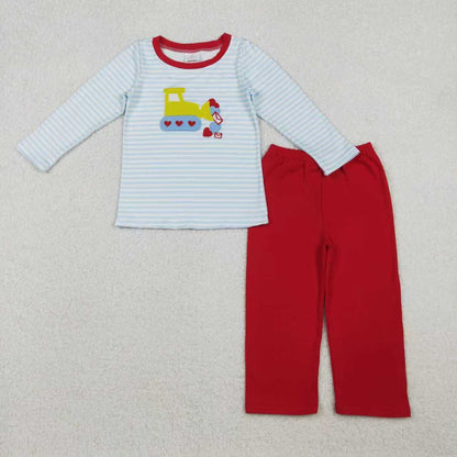 Sibling Baby Boy Kids Embroidery Hearts Truck Stripes Valentine's Day Romper Clothes Set RTS