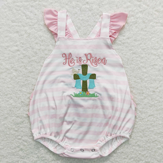 SR0564 Baby Girl Easter He Is Risen Embroidery Pink Stripes Romper