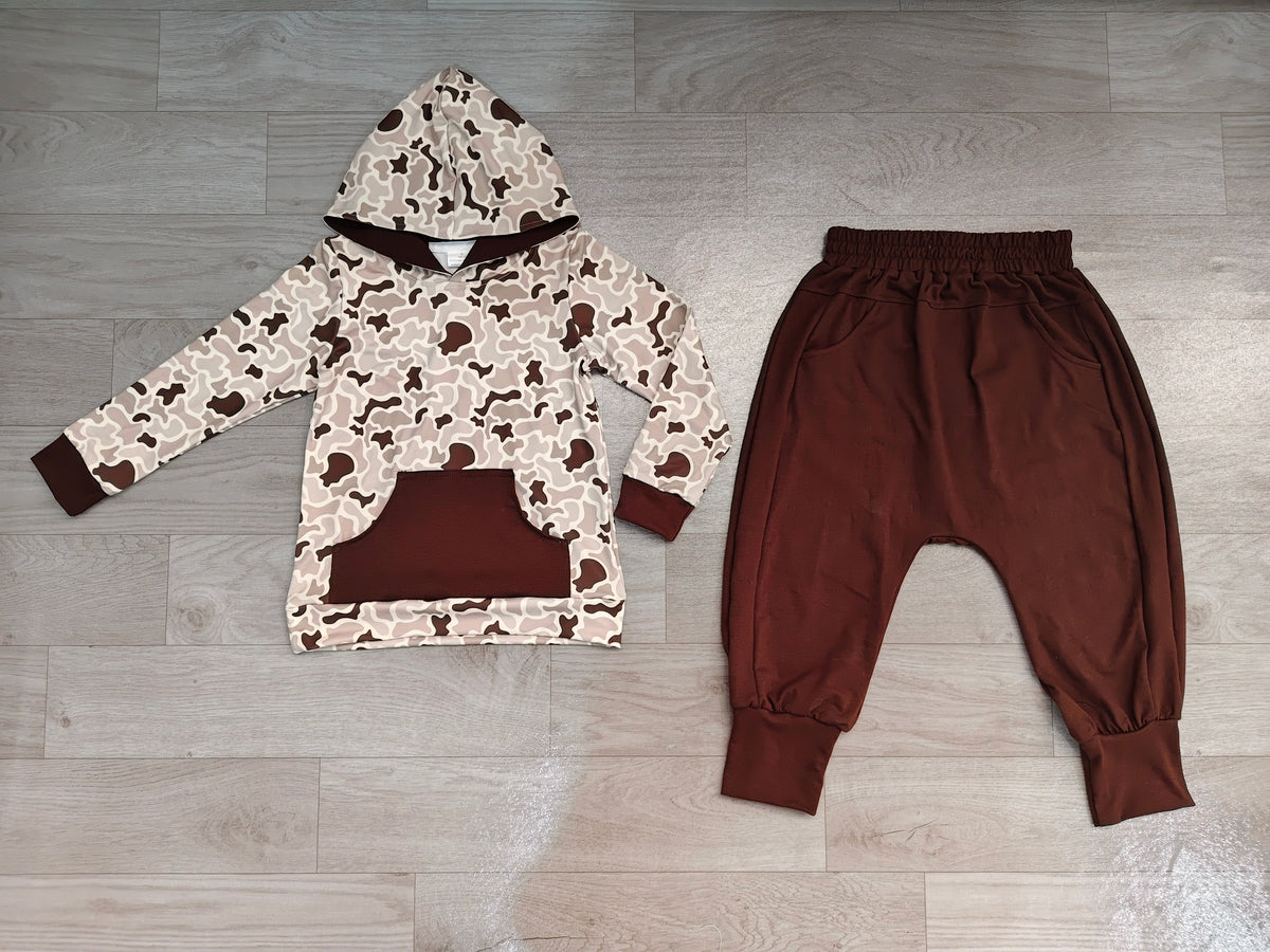 ( No moq ) Preorder Baby Boys Kids Camo Hoodie Pullover Pockets Brown Pants Set Clothes