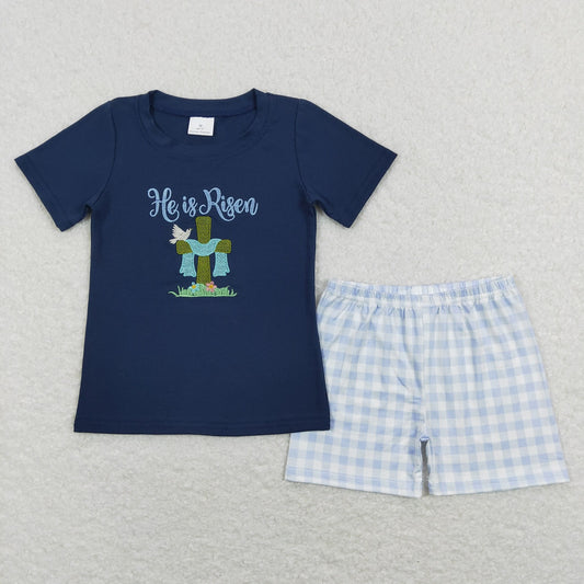 BSSO0319 Baby Boy He Is Risen Embroidery Shirt Blue Plaid Shorts Easter Set