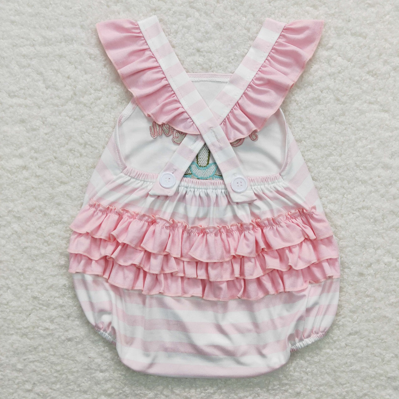 SR0564 Baby Girl Easter He Is Risen Embroidery Pink Stripes Romper