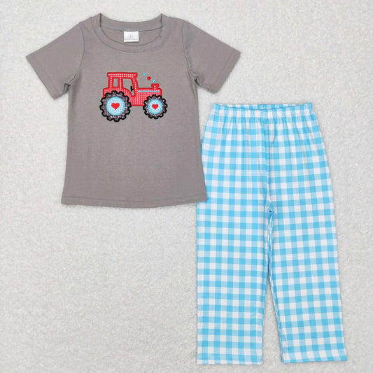 BSPO0193 Baby Boy Valentine's Day Embroidery tractor Hearts Plaid Pants Set Pajamas