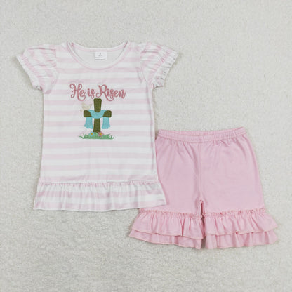 BSSO0319 Baby Boy He Is Risen Embroidery Shirt Blue Plaid Shorts Easter Set