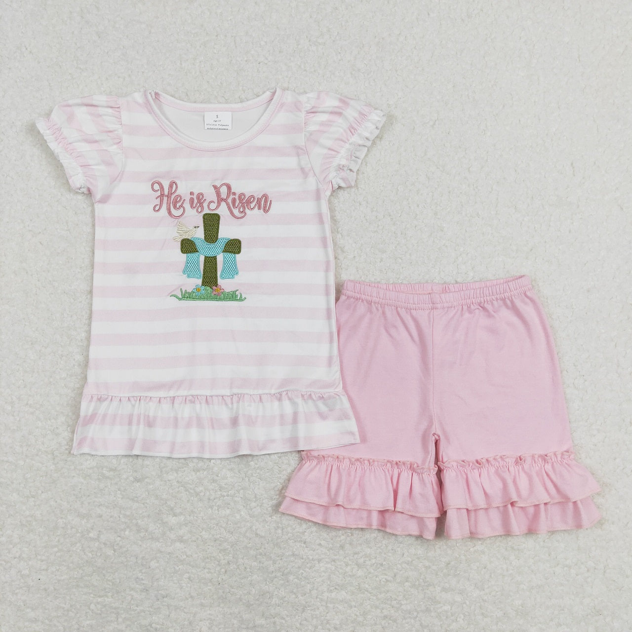 SR0564 Baby Girl Easter He Is Risen Embroidery Pink Stripes Romper