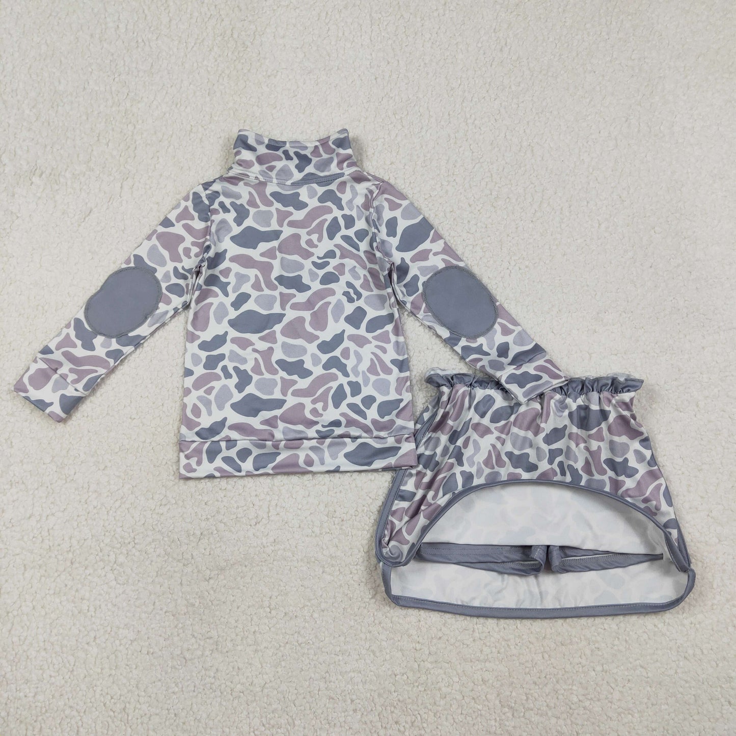 Baby Girls Long Sleeves Grey Camo Zipper Pullover Skirt Shorts Set RTS