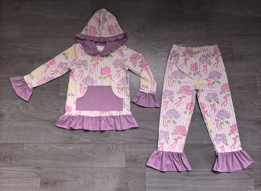 ( No moq ) Preorder Baby Girls Kids Long Sleeves Pocket Hoodie Pullover Flower Bows Pants Set Clothes