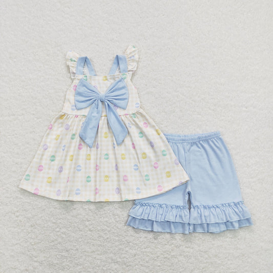 GSSO0420 Baby Girl Eggs Bow Tunic Blue Cotton Ruffle Shorts Easter Set