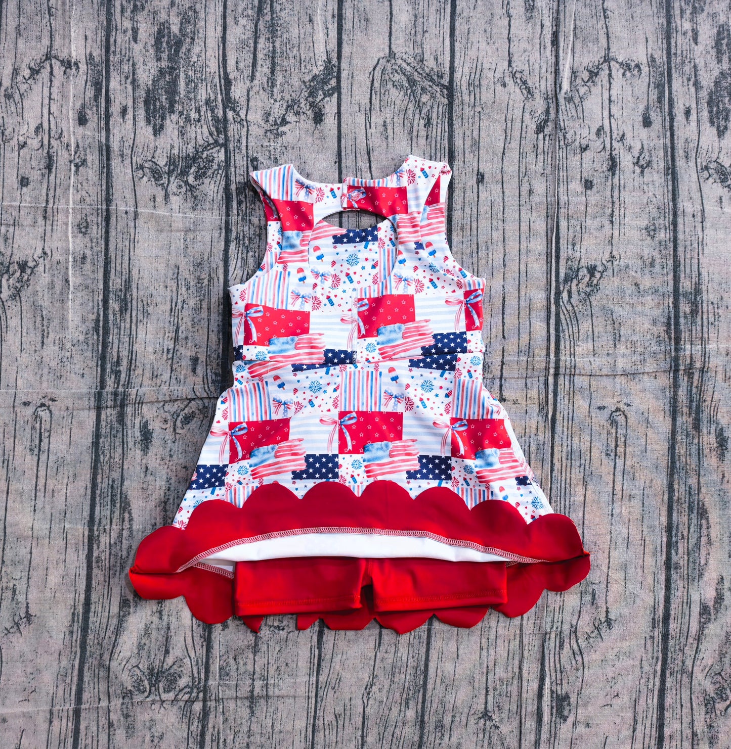 ( No moq ) Preorder Baby Girls Flags Bows Stars 4th of July Yoga Active Shorts Knee Length Scallop Dress