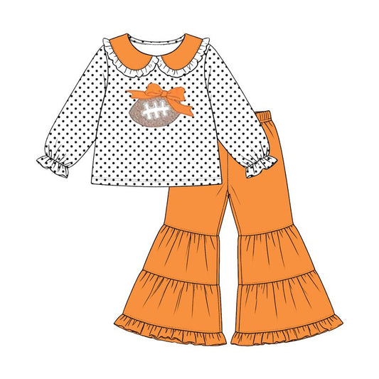 ( Moq 5 ) Preorder Baby Girls Kids Long Sleeves Football Bows Tops Orange Bell Pants Set Clothes