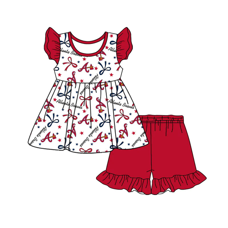 Baby Girl Short Sleeves Team A Bows Tunic Red Shorts Clothes Set ( Moq 5 )