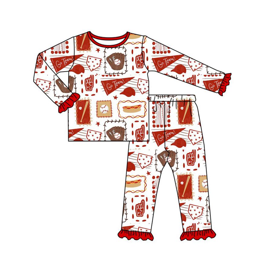 ( Moq 5 ) Preorder Baby Girls Kids Long Sleeves Baseball Shirt Pants Red Set Pajamas Clothes