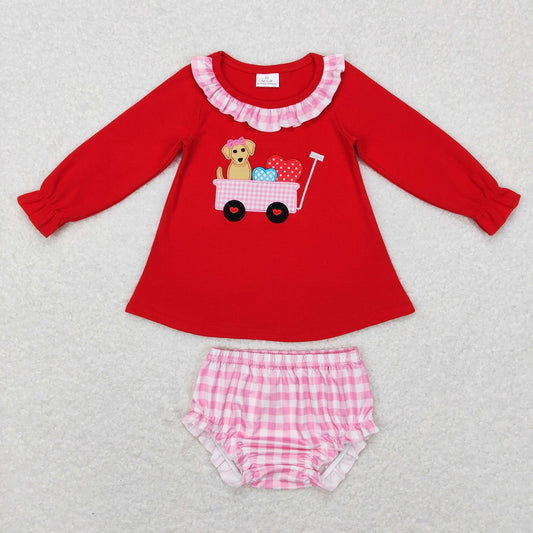 GBO0191 Baby Girl Valentine's Day Embroidery Dog Heart Plaid Bummie Shorts Red Set