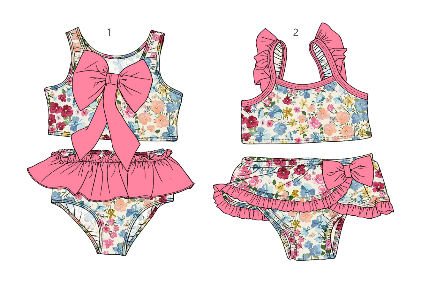 ( Moq 5 Each Style ) Sibling Baby Girls Kids Flower Tops Ruffle Shorts Pink Bows Sets Summer Swimsuits