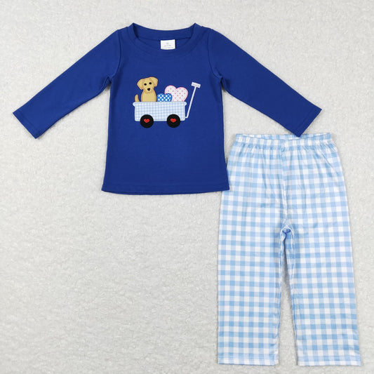 BLP0402 Baby Boy Valentine's Day Embroidery Dog Hearts Shirt Plaid Ruffle Pants Blue Set