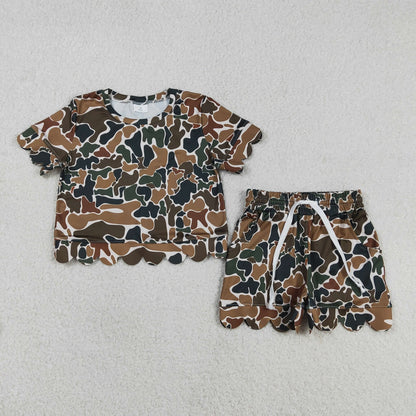 Sibling Baby Girls Adult Women Short Sleeves Brown Camo Shirts Shorts Scallop Sets Summer Clothes RTS