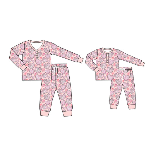Baby Kids Toddler Toddler Adult Long Sleeves Hearts Pink Pants Sibling Family Pajamas Set ( Moq 5 Each Style ) 12.2