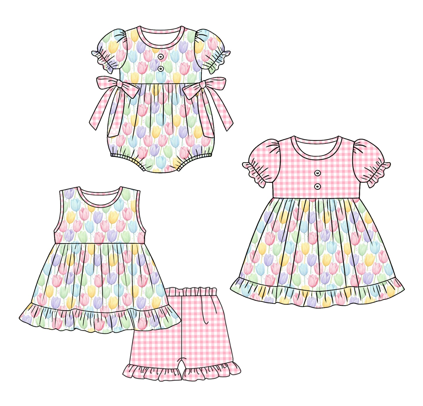( Moq 5 Each Style ) Sibling Baby Girls Kids Flower Pink Plaid Romper Dress Set Clothes