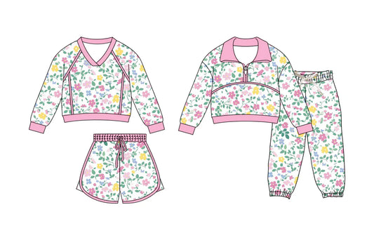 ( Moq 5 Each Style ) Sibling Baby Boys Girls Flower Long Sleeves Zipper Pink Shirt Shorts Pants Sets
