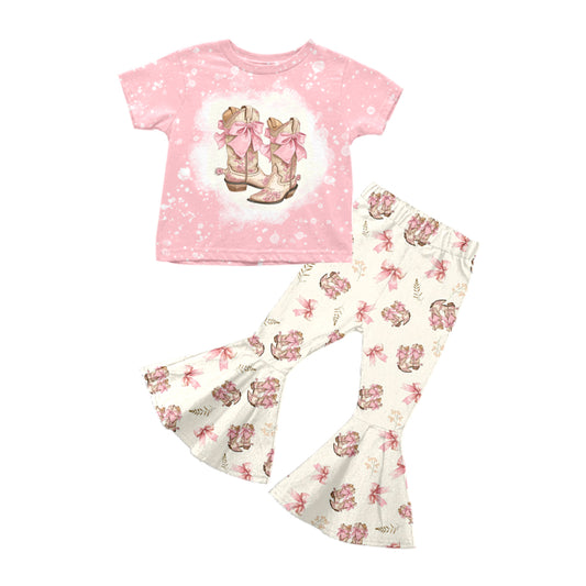 Baby Girl Short Sleeves Pink Shirt Western Boots Bow Pants Set Moq 5