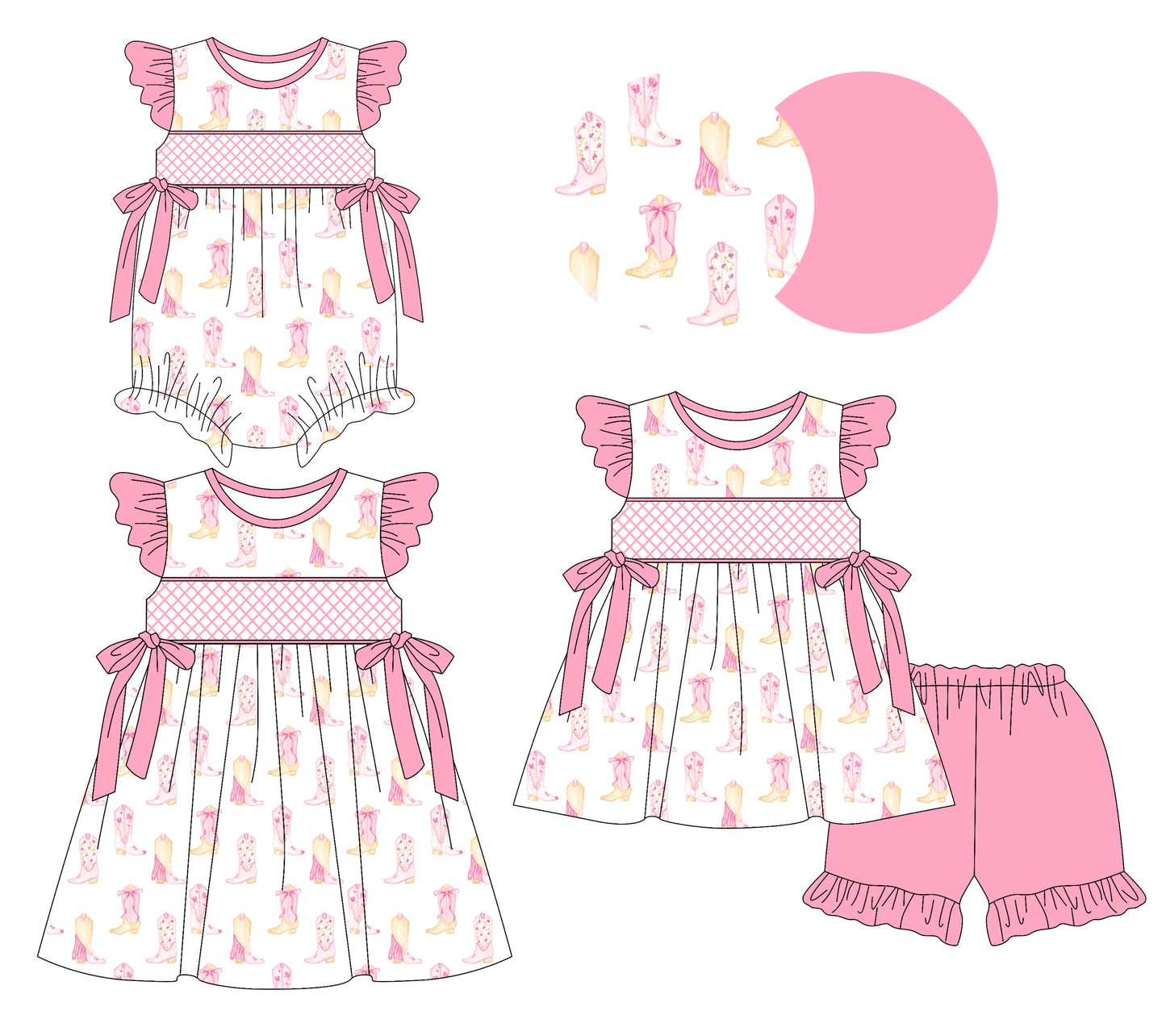 Baby Girl Short Sleeves Boots Pink Bows Sibling Romper Dress Set ( Moq 5 Each Style ) 3.8