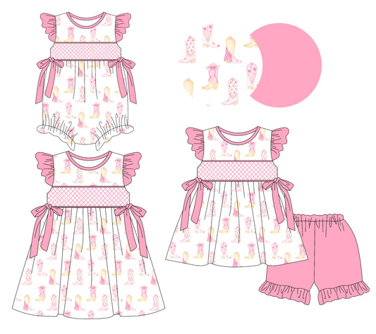 Baby Girl Short Sleeves Boots Pink Bows Sibling Romper Dress Set ( Moq 5 Each Style ) 3.8