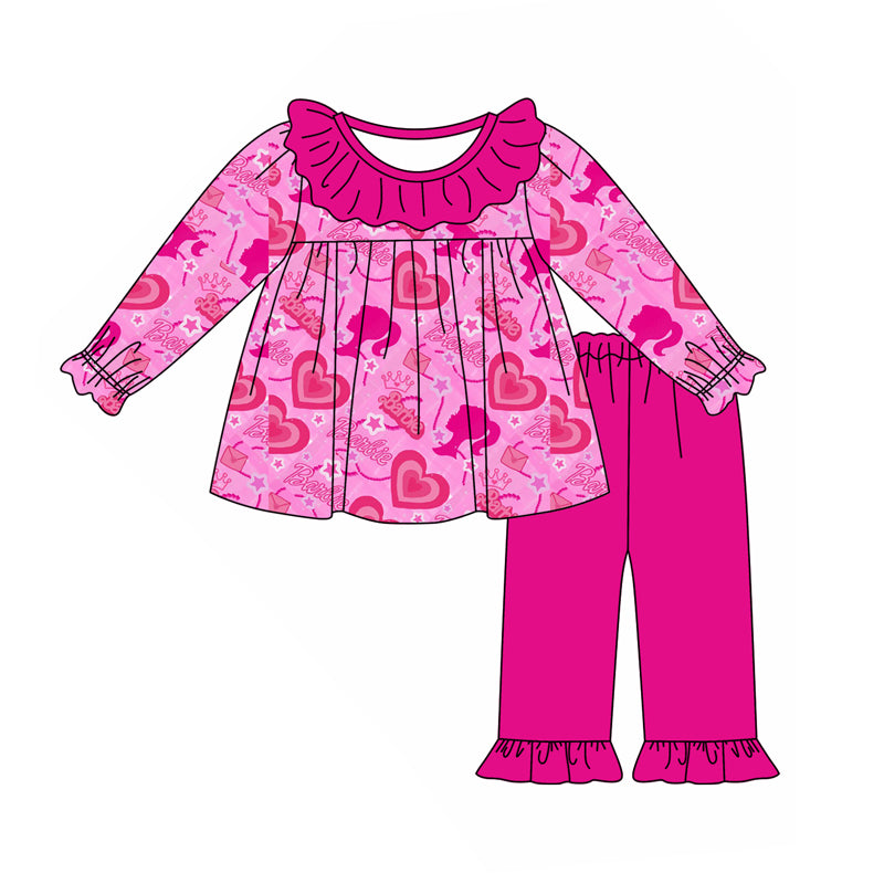 Baby Girl Toddler Long Sleeves Doll Hearts Tops Pink Pants Set