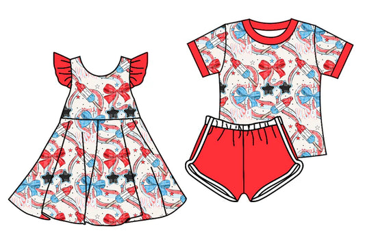 ( Moq 5 Each Style ) Baby Girls Kids Short Sleeves Popsicles Bows Sibling 4th of July Dress Set