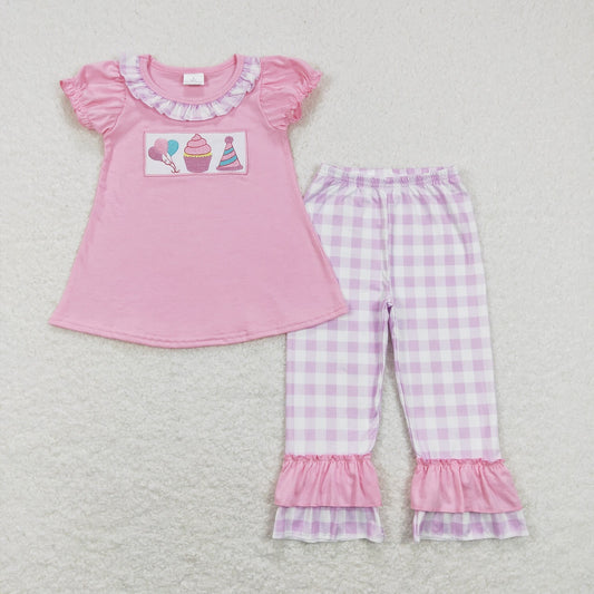 GSPO0960 Baby Girl Birthday Embroidery Shirts Plaid Pants Set Pink Pajamas